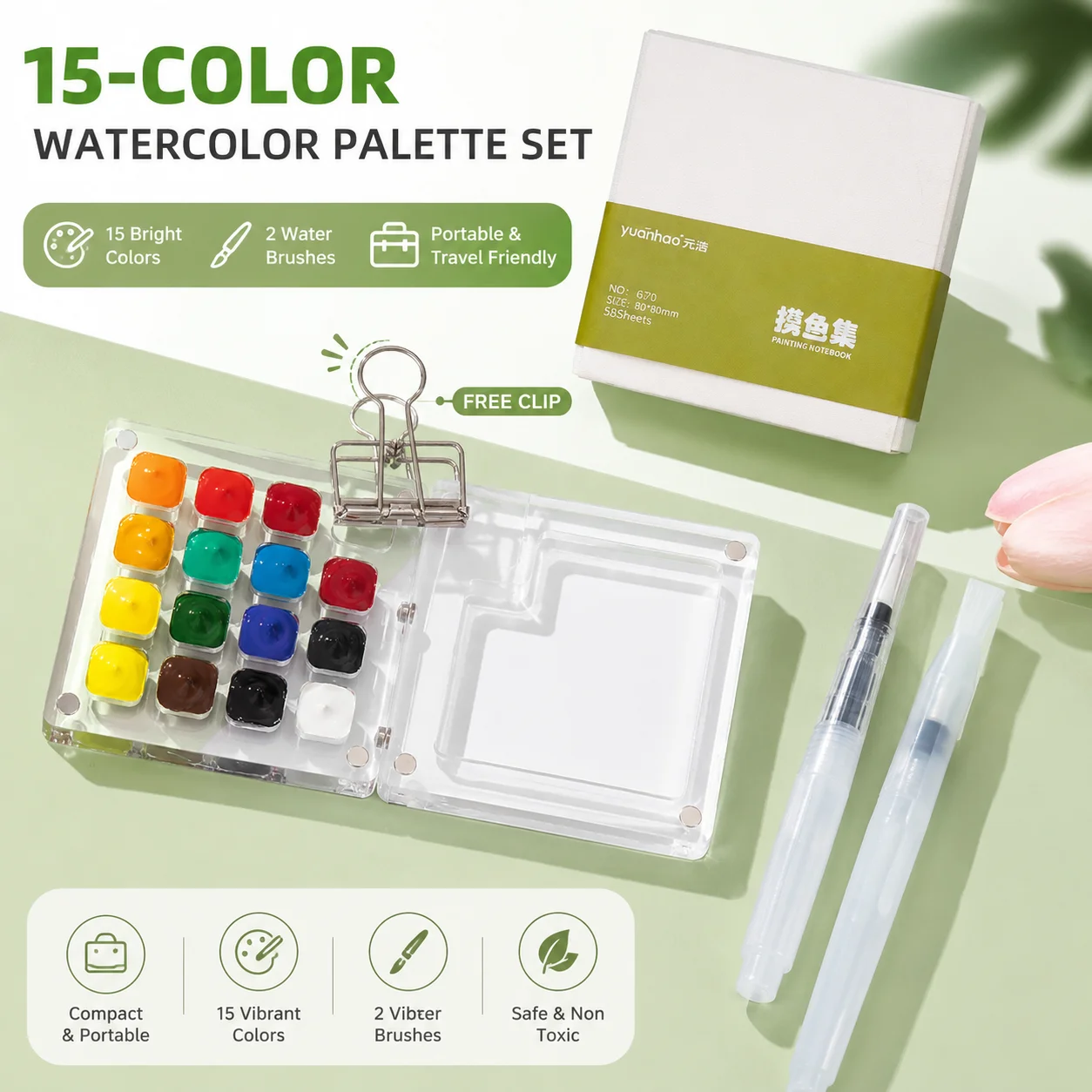 15-Well Travel Watercolor Paint Palette Set, with 2 Water Brush Pens and Mini Sketchbook, Binder Clip, Portable Art Drawing Kit