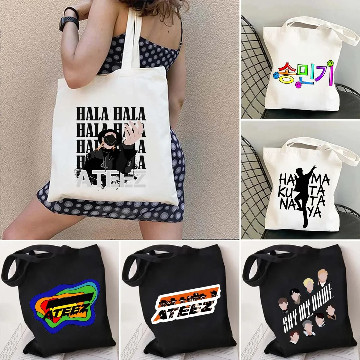 ATEEZ Stampa di lettere Stile coreano Kpop Harajuku Moda Uomo Shopping Totes Bag Canvas Shopper Eco Borse a tracolla di grande capacità