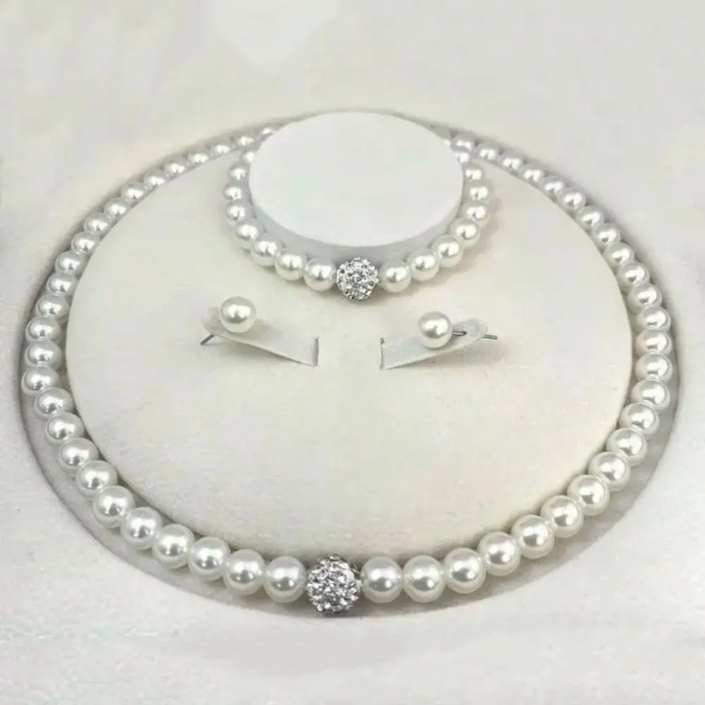 3PCS/set Simple Imitation Pearl Jewelry Set Crystals Beads Decoration Earring Stud Women's Pearl Necklace Elegant
