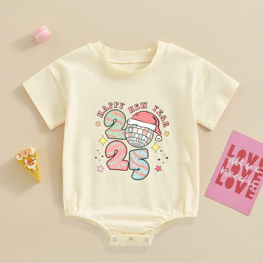 Hello 2025 Happy New Year Printed Baby Bubble Romper Newborn Bodysuit Infant Large Baptism Outfit Toddler New Year Party Clothes