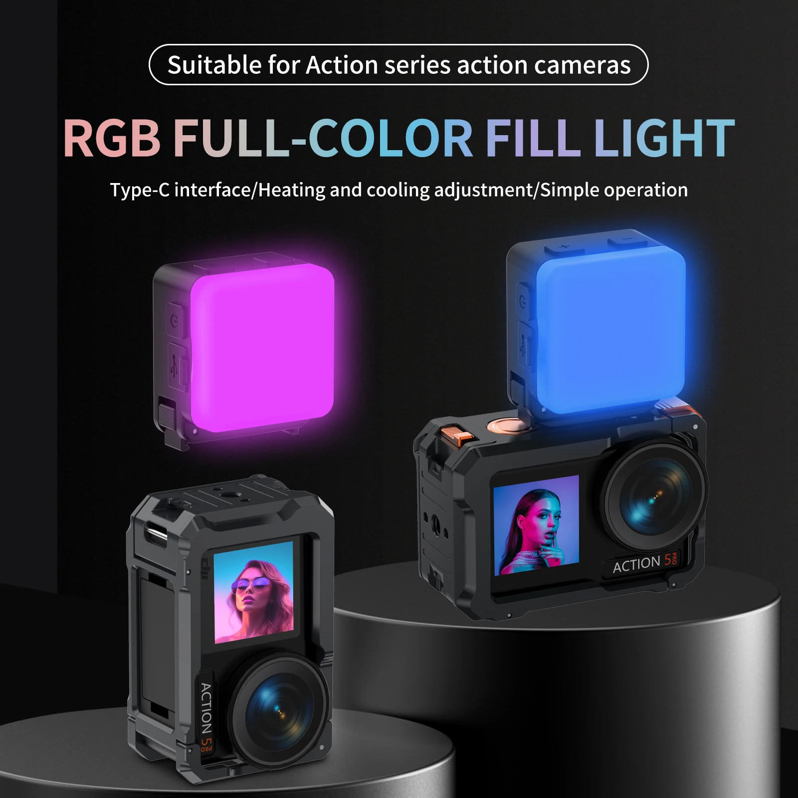 Quick-Release LED Fill Light for Action Cameras, 3 Color Modes Dimmable Video Light, USB-C Rechargeable Lamp for DJI Osmo Action