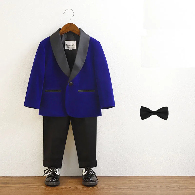 Boys Purple Velvet Blazer Jacket Pants Bowtie Photograph Suit Kids 1Year Birthday Dress Children Wedding Performance Evening Set