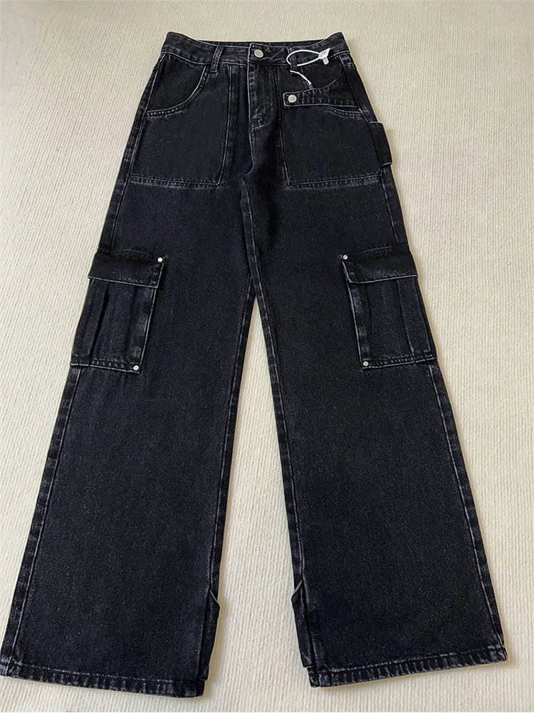 Women's Black Vintage Wide Leg Jeans Fashion Baggy High Waist Cargo Pants High Street Mopping Denim Trouser 2022 Autumn Ladies