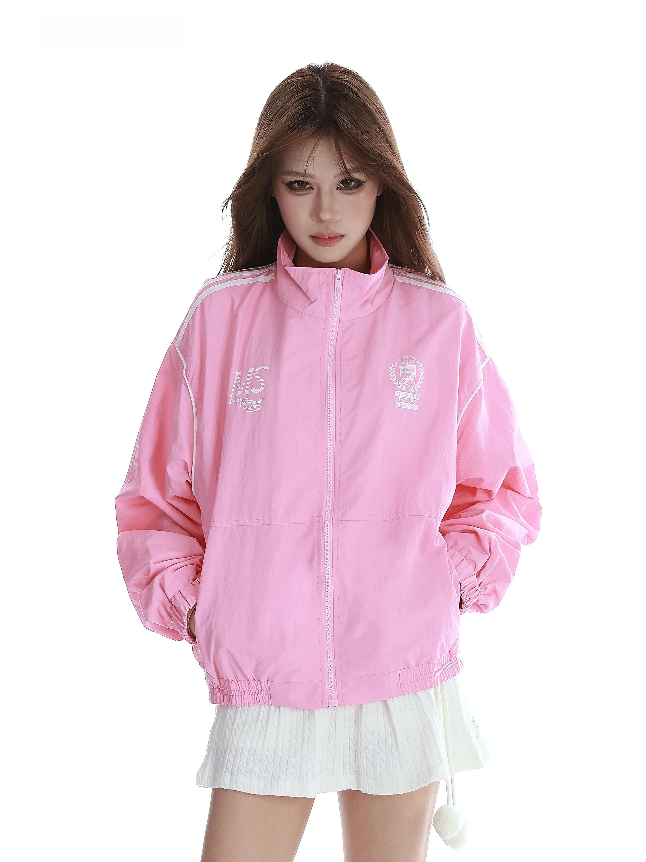 

Американский ретро-кардиган для активного отдыха, женский, с воротником на молнии, свободного кроя, удлиненный рукав