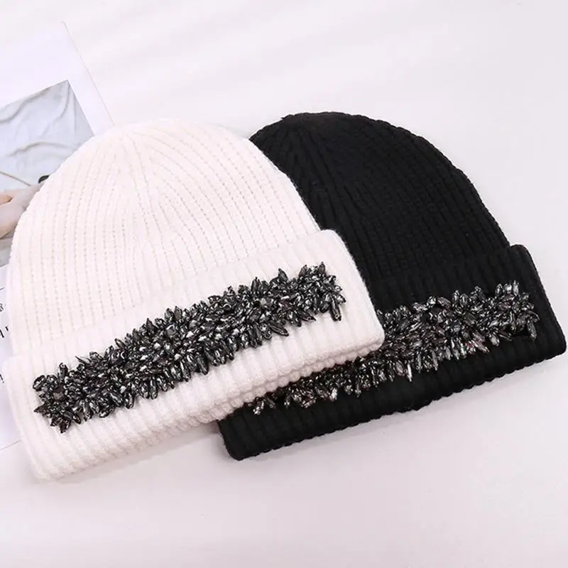 

Универсальная блестящая шапка-бини 39BB со стразами, модная вязаная шапка, термошерстяная шапка унисекс, ветрозащитная для