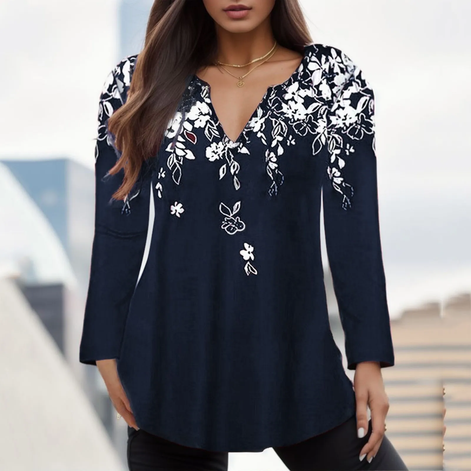 

Vintage Print V Neck T Shirt Tops Women Plus Size Long Sleeve Loose Casual Tunic Shirts Autumn Streetwear Pullover Blusa Camisas