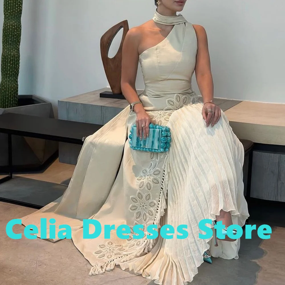 One Shoulder Floor Length Pleats Straight Jersey Sleeveless Saudi Evening Gowns Flowers Sweep Train Special Occasion Gowns 2024