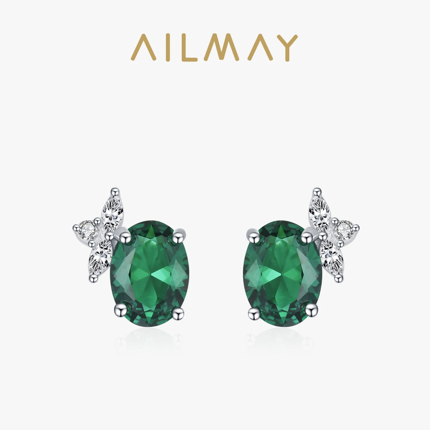 Ailmay 925 Sterling Silver Błyszczące owalne kolczyki z zielonymi cyrkoniami dla pań Elegancki prezent na Boże Narodzenie