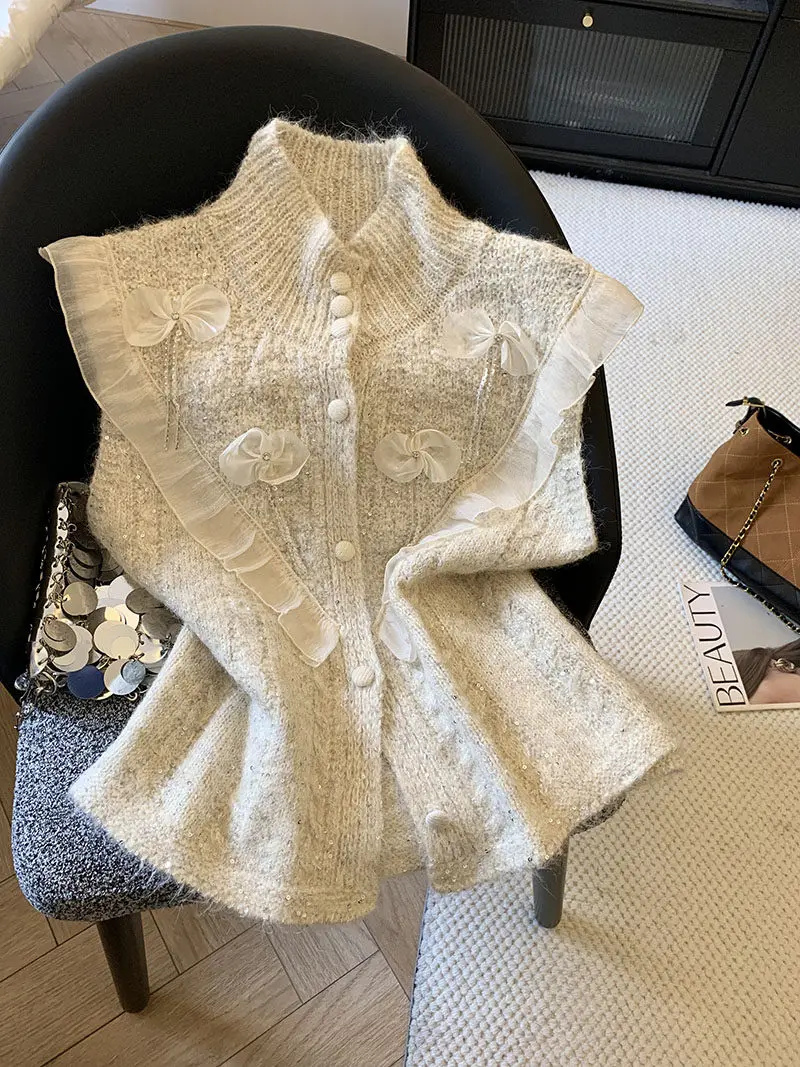 

Faionable Lace Sequin Knitted Vest Top Women's Spring Layering Clothing Sweet Sle High Waist Loose Fit Cardigan Svel