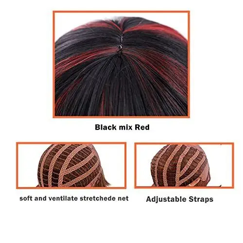 Peruca Curta Encaracolada com Franja, Cabelo Longo Sintético, Cabelo Vermelho Ondulado, Preto Misturado