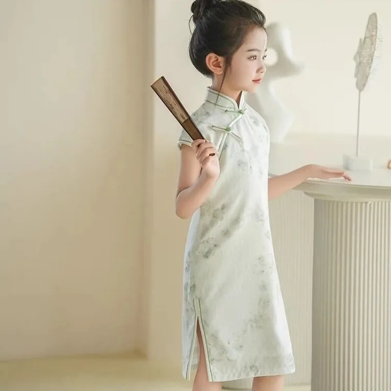 

110-160cm Girls' Summer Dress with Thin Chinese Style Dress and Children's Green Cheongsam
