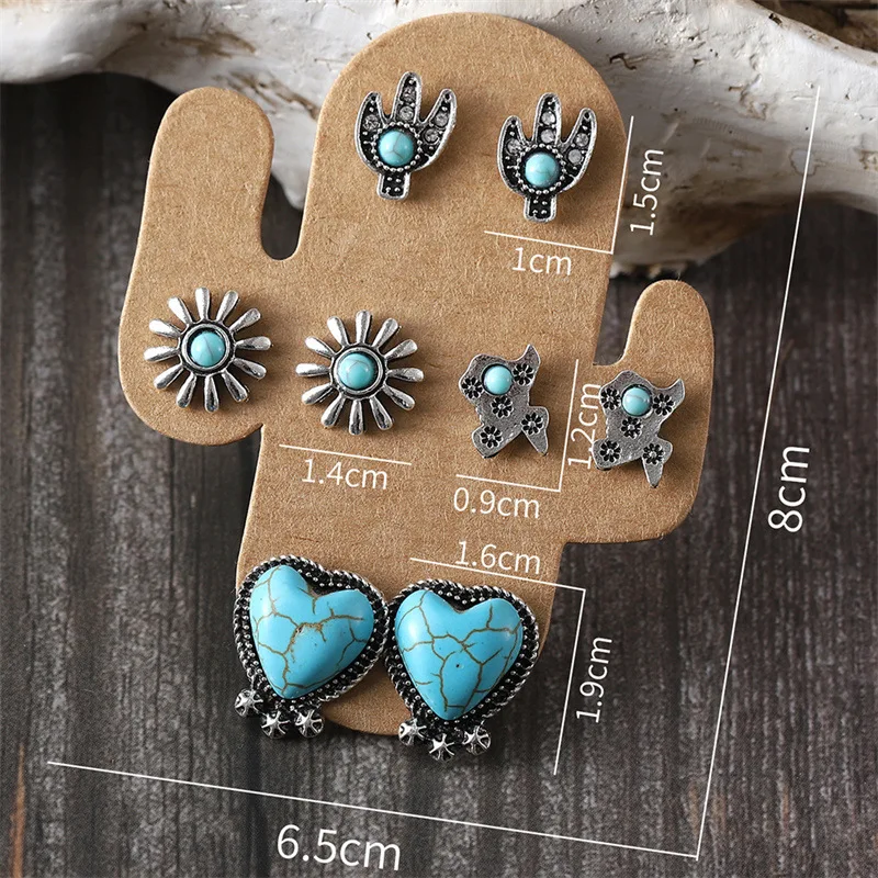 4 Pairs of Western Style Earrings for Women Steer Bull Head/Cowboy Boot Hat/Turquoise Cactus Stud Earrings Pack Western Country