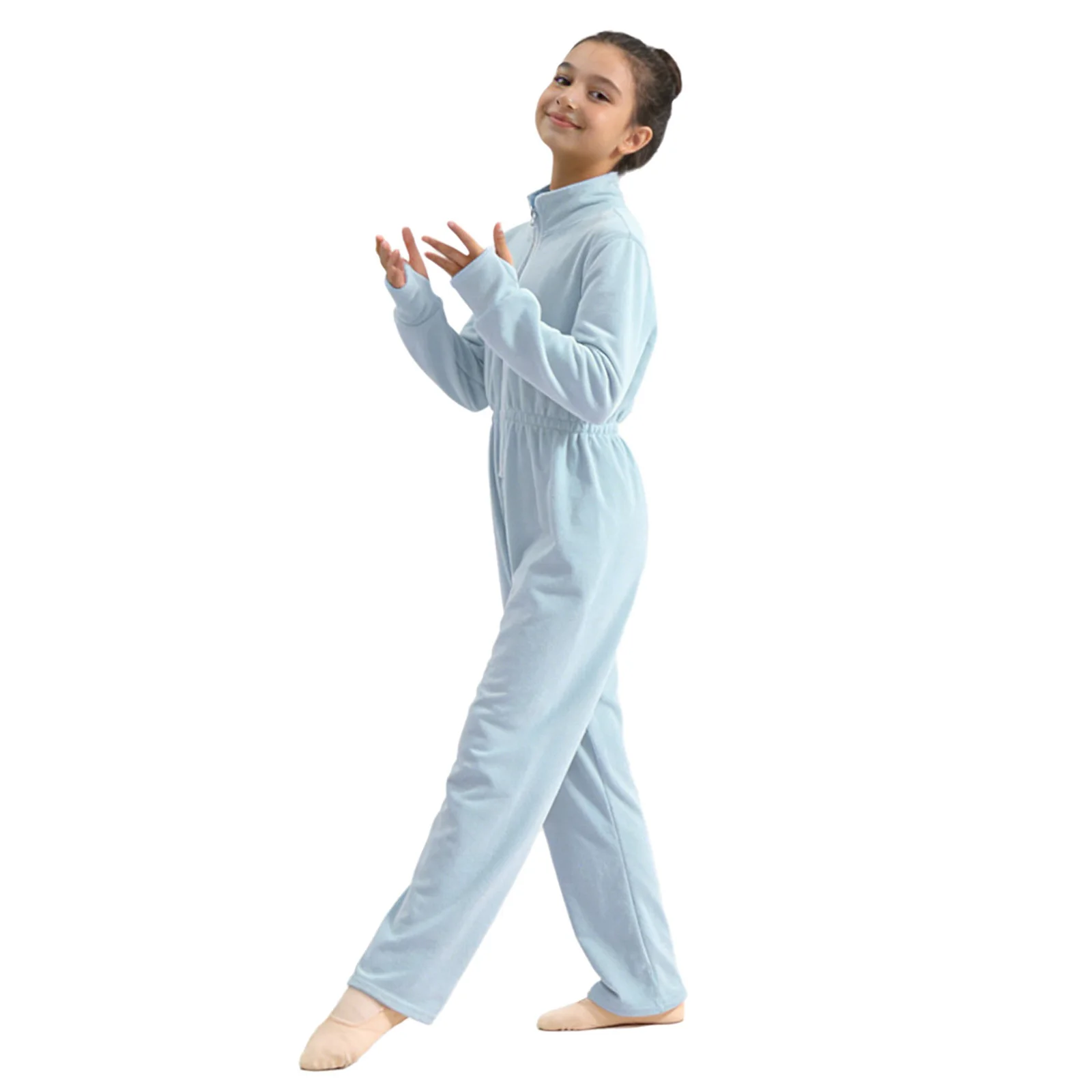 ชุดจั๊มสูทผ้าฟลีซสำหรับเด็กผู้หญิง คอตั้ง แขนยาว มีรูสำหรับนิ้วโป้ง เอวยางยืด ชุดบอดี้สูทผ้าฟลีซเนื้อนุ่มสำหรับใส่ที่บ้านและเล่น