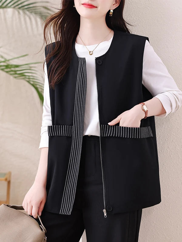 Fashionable Versatile Large Size Sleeveless Vest Outerwear Women's Loose Age-Defying Top round Neck Single Button Closure