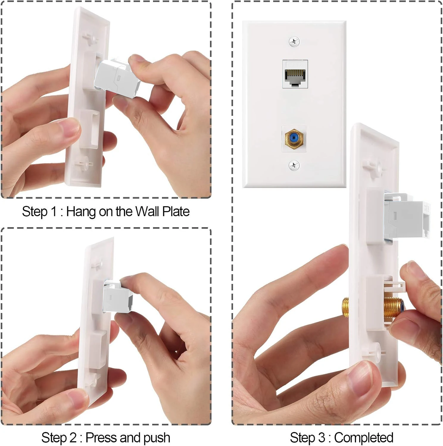 WoeoW Ethernet Coax Wall Plat, 2-Port/3-Port Cat6 Keystone Jack Coupler and Gold Plated RG6 Keystone Jack Insert Wall Plate