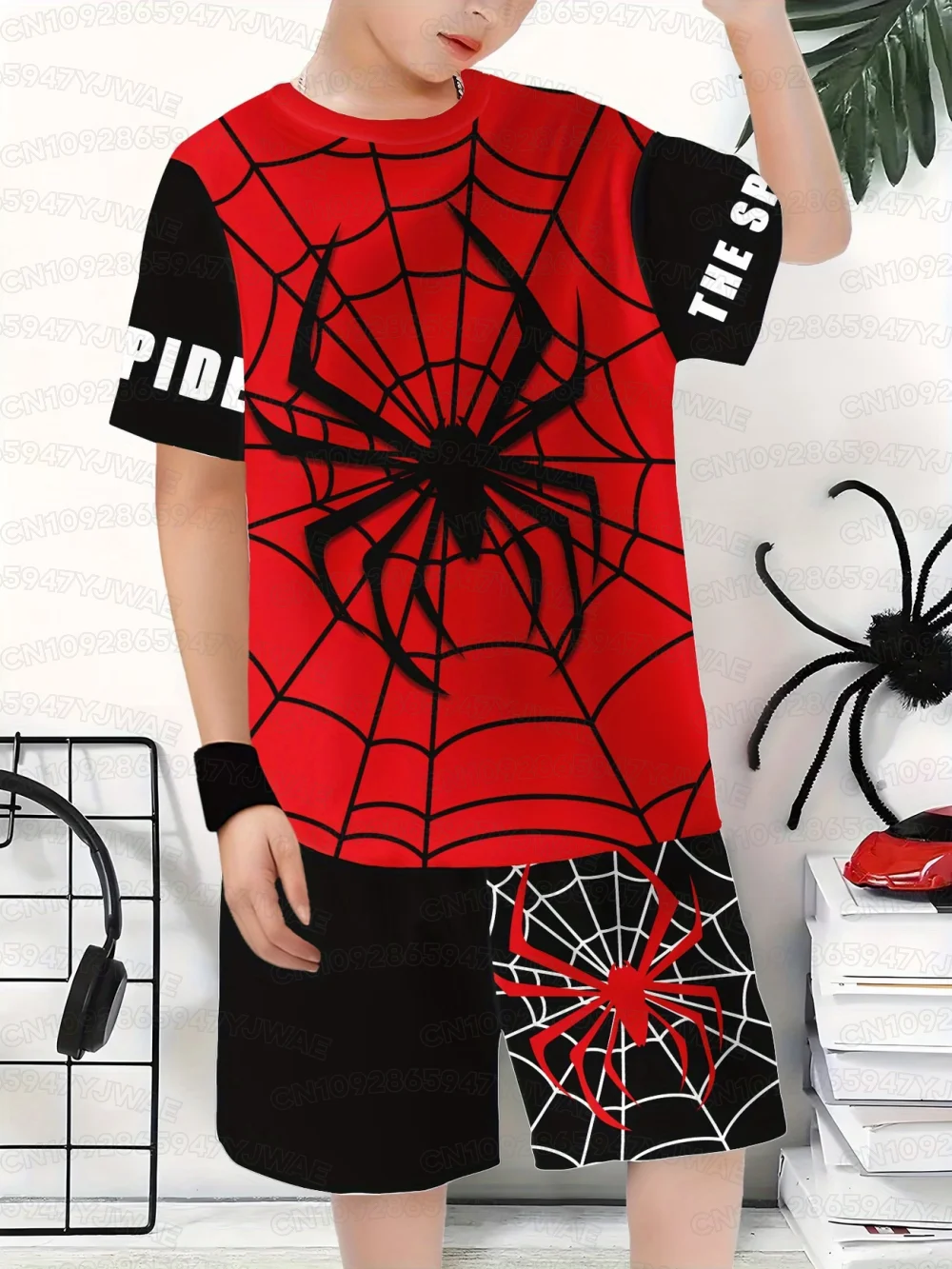 2026 Summer Boy's Girl's Women Men Summer Kids 2 Piece Set Special Football Jersey Shorts Set Spider Print T-shirt and Shorts