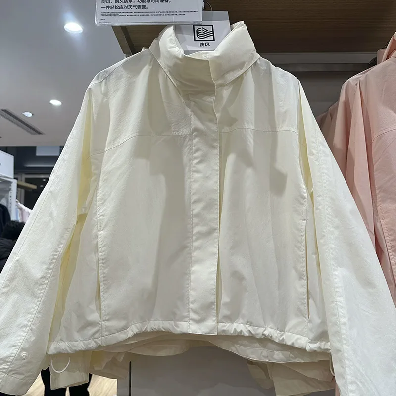 Veste coupe-vent à col montant pour femme, manteau fin à capuche décontracté pour l'extérieur