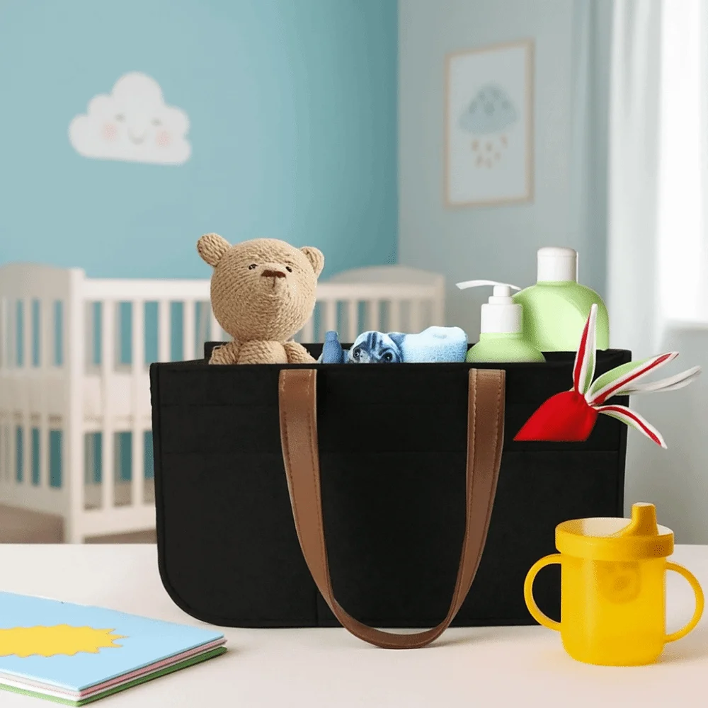 Nursery Organizer Large Capacity Felt Diaper Storage Bag Foldable with Handle Baby Felt Storage Basket Portable Mummy Bag Travel
