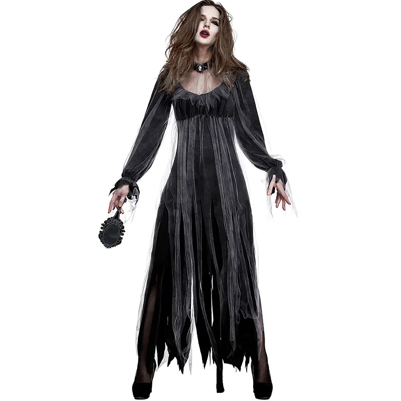 Black Horror Ghost Dead Corpse Zombie Costume Long Bridal Dress Women Adult Halloween Scary Cosplay Costumes