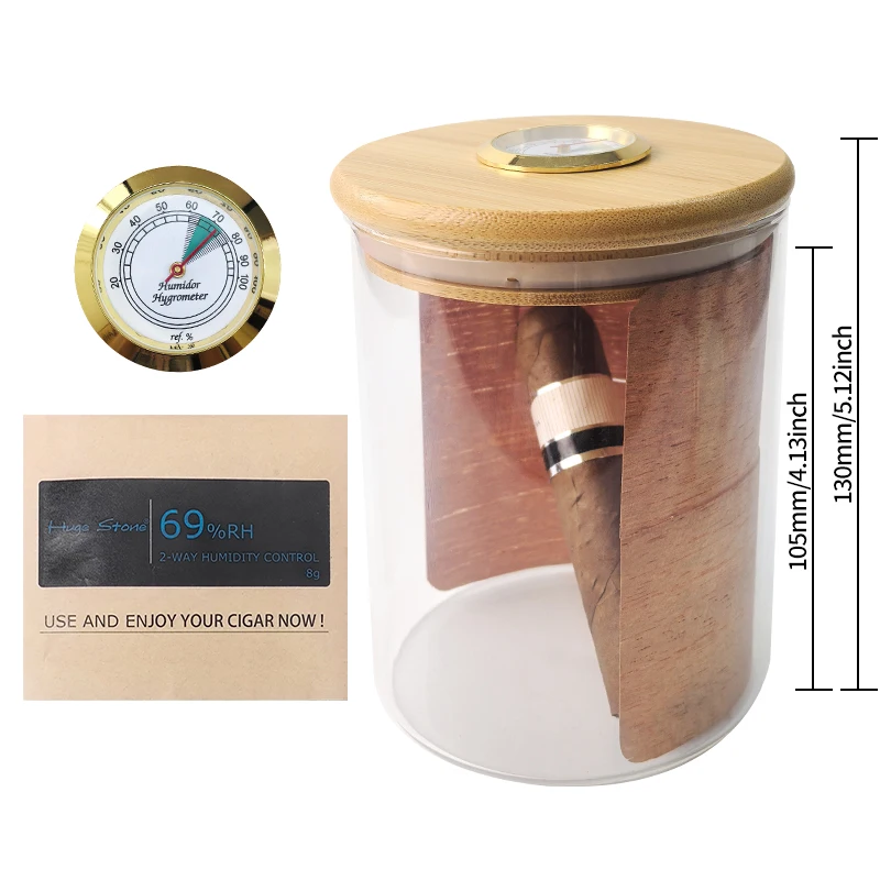 High borosilicate glass humidor jar with hygrometer, free 8g 69% Humidor Packet, Spain cedar chips