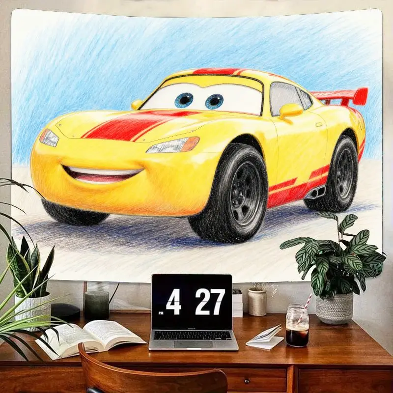 

1 шт. яркий желтый улыбающийся гоночный автомобиль полиэстер гобелен современное настенное искусство детский декор комнаты для мальчиков подарок для фанатов автомобилей