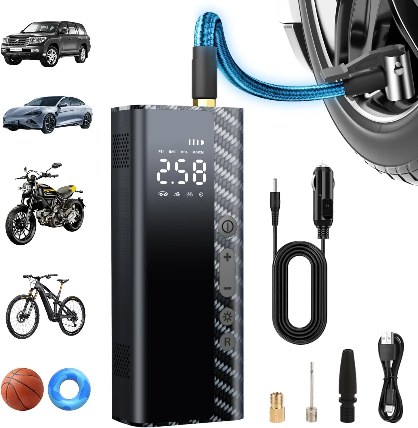 

Portable Tire Inflator 150PSI Air Pump, 12000mAh Cordless Air Compressor for Car, Bike, Motorcycle, Ball - Auto OFF with Pressur