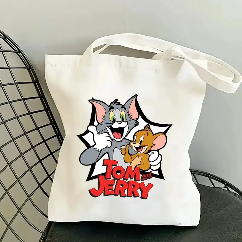 Tom and Jerry Cute Canvas Bag Women Men Outdoor Portable Large Capacity Handbags Cartoon Anime Pattern Shopping Handbag Gifts view 2