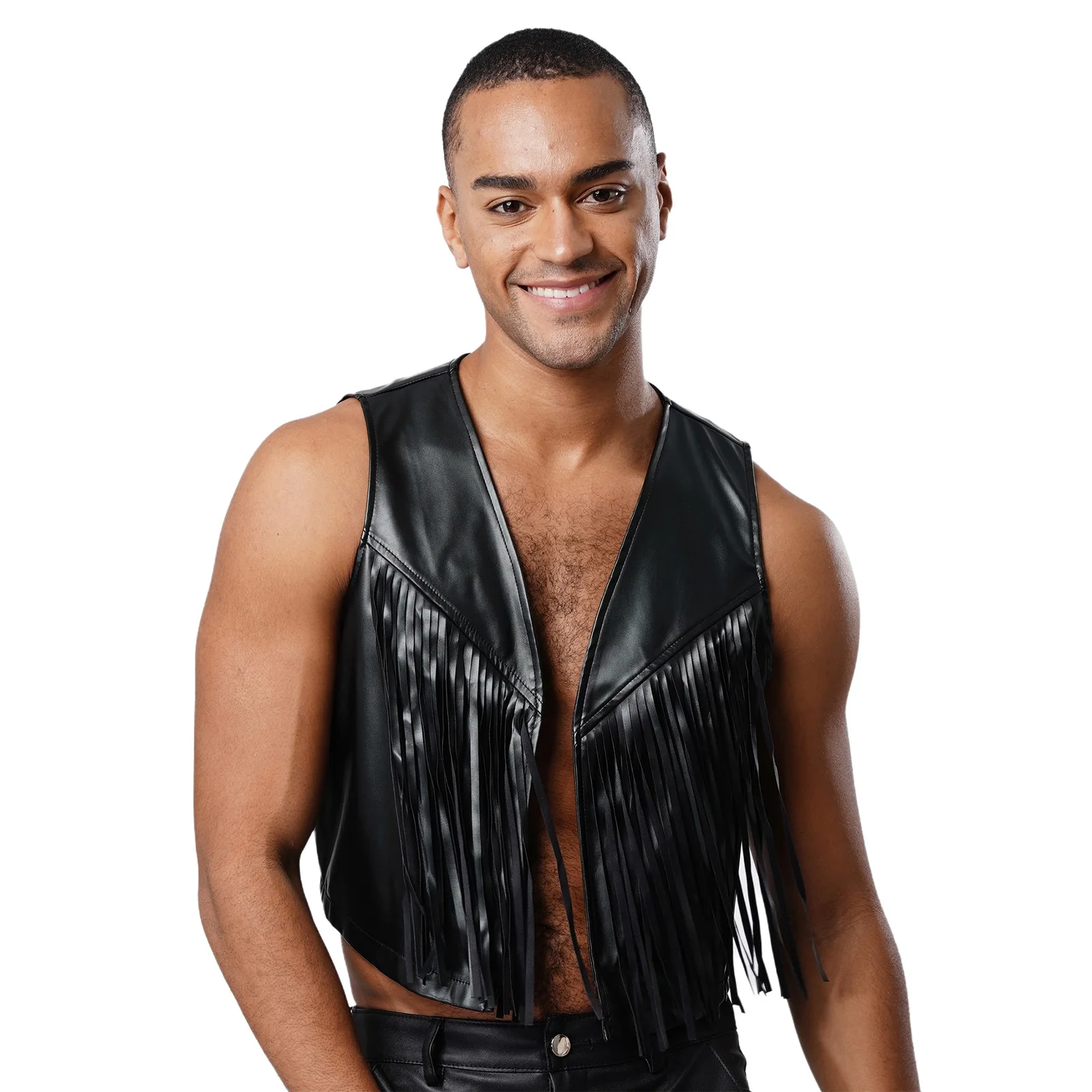 Męski strój kowbojski w stylu western, kostium cosplay, vintage lata 70., kamizelka z frędzlami, kurtka bez rękawów, otwarta kamizelka, topy bez rękawów, krótkie topy