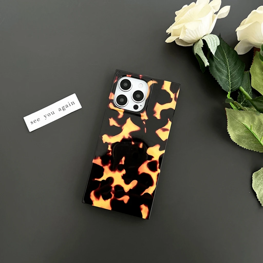 Originality Tortoiseshell Pattern Flame Grain Rectangle Cover Case For iPhone 16 15 14 13 Pro Max Phone Case