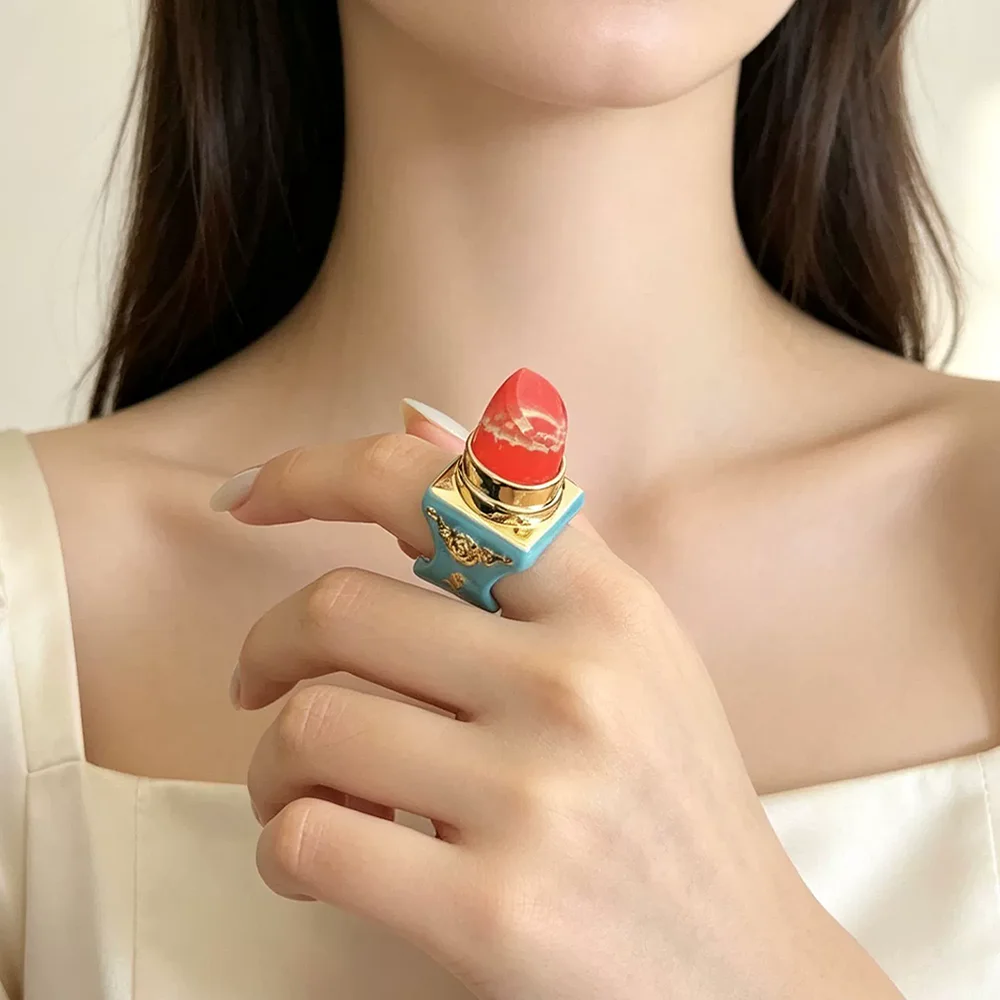 Creative Lipstick-Shaped Open Ring Multi-Color Enamel Exaggerated Large Ring Fun And Fashionable Jewelry Accessory