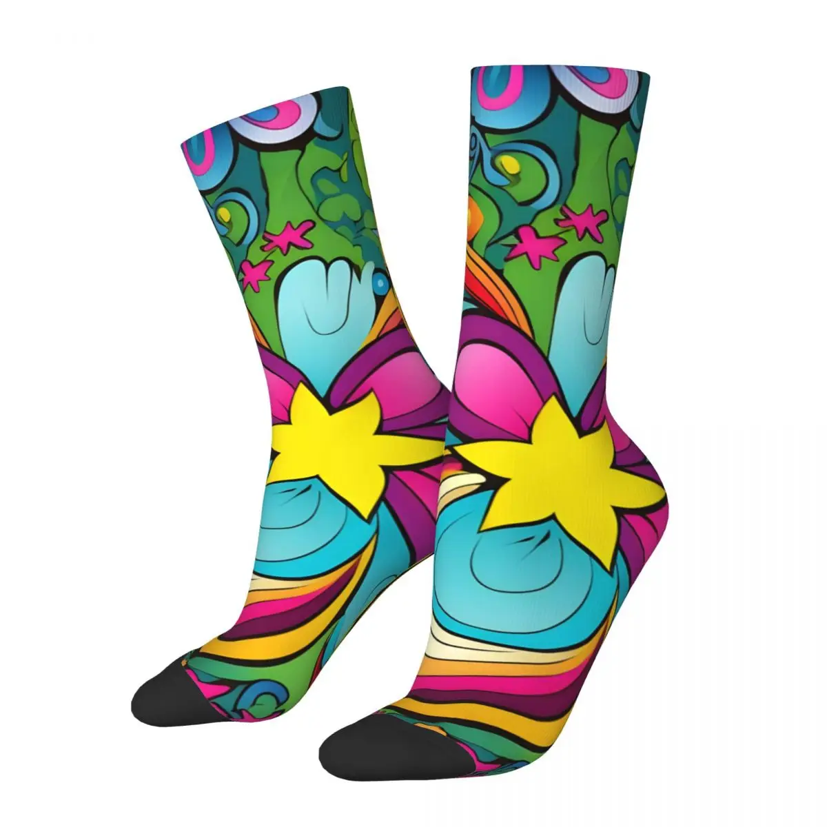 Crazy compression Hippy Psychedelic Floral Funky Flowers 60S 70S Sock for Men Vintage Quality Pattern Crew Sock Casual