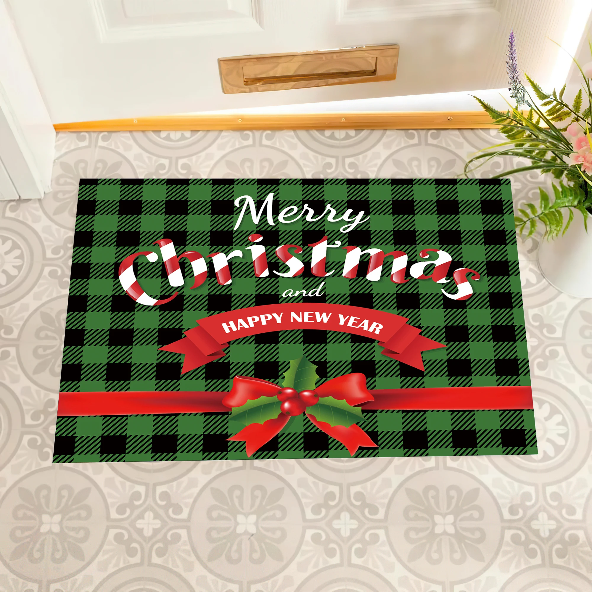 Christmas And Happy New Year Doormat Rubber Bathroom Kitchen Mat Garden Garage Door Floor Mat Non-Slip Carpet Entrance Rug