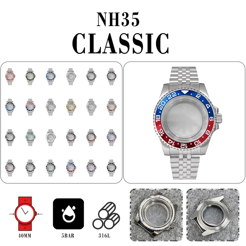 PVD steel color SUB stainless steel case + 5 baht with transparent 40mm Sapphire flat mirror glass NH35/NH36