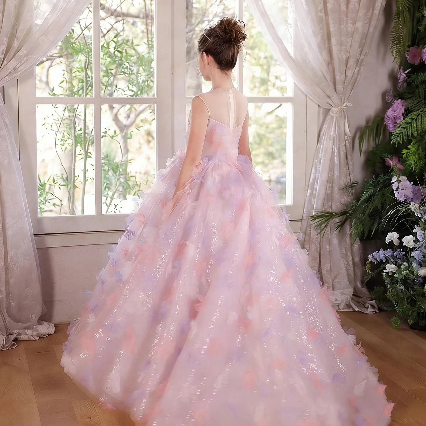 Jill Wish J033 Dreamy Girls Flower Girl Dresses Sequin 3D Flowers Pink Gradient Kids Wedding Party Gown Princess Pageant