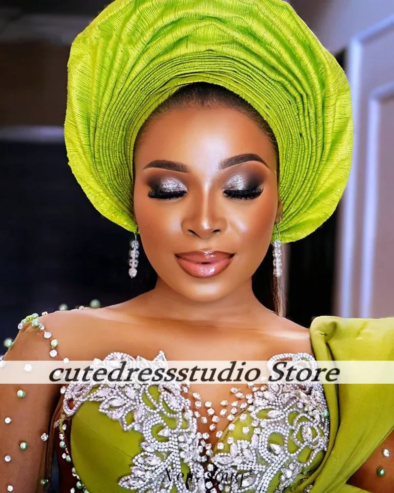 Green Yellow African Formal Long Mermaid Evening Dresses Sparkly Sequins Aso Ebi Nigerian Wedding Prom Party Gowns Customized