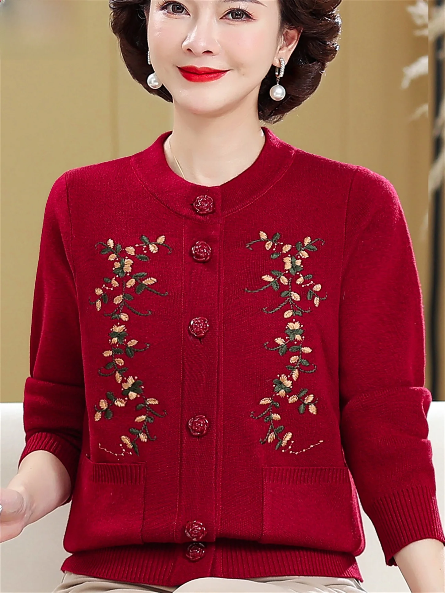 

Women's Knitted Embroidered Fce-lined Round-ne Cardigan Warm Outerwear Spring Autumn Winter Casual Loose Fit ly Fas...
