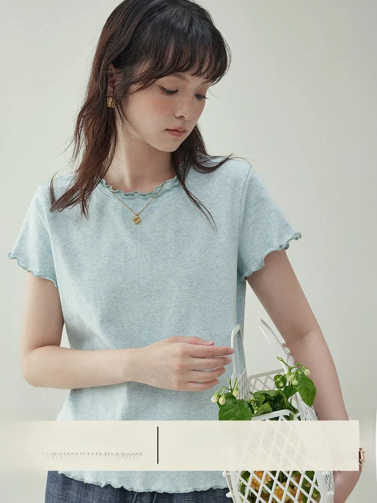 

AMUU Оригинальная синяя двухслойная деревянная футболка с коротким рукавом для женщин, летняя новая модная свободная повседневная модель с круглым вырезом