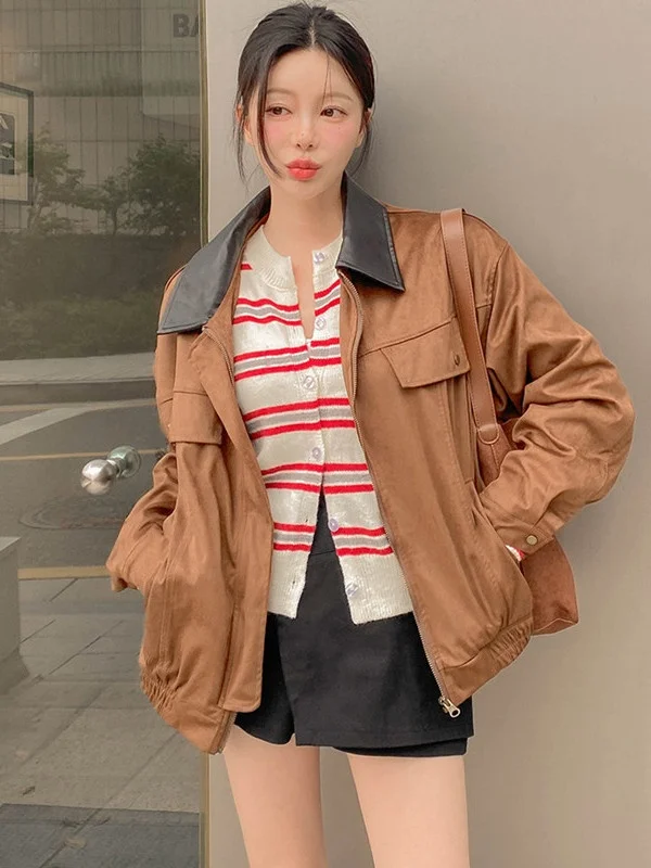 

Бархатный топ из искусственной кожи в стиле ретро, женский шикарный модный топ высокого класса, модный корейский свободный крой, застежка-молния