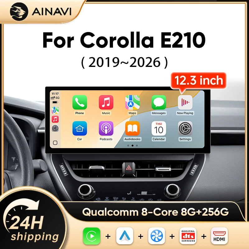 AINAVI Radio de coche de 12,3 pulgadas para Toyota Corolla E210 2Din, Bluetooth, Carplay inalámbrico, Android Auto, Carplay para coche, pantalla Carplay para coche, estéreo para coche, sistemas inteligentes para coche, BT, FM, USB, GPS, SWC
