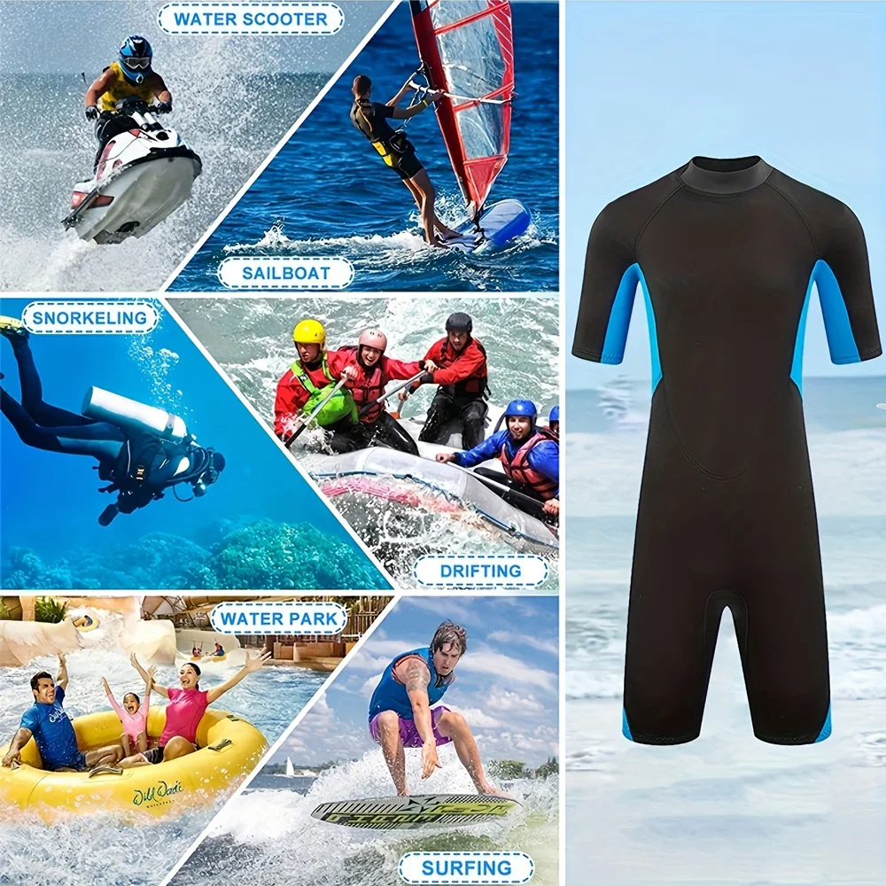 Herren-Neoprenanzug, 3 mm Neopren, kurzärmelig, einteilig, Frühlings-Tauchanzug, hinten, Reißverschluss vorne, Surfen, Tauchen, Schwimmen, Schnorcheln, Kajakfahren – Detail 8