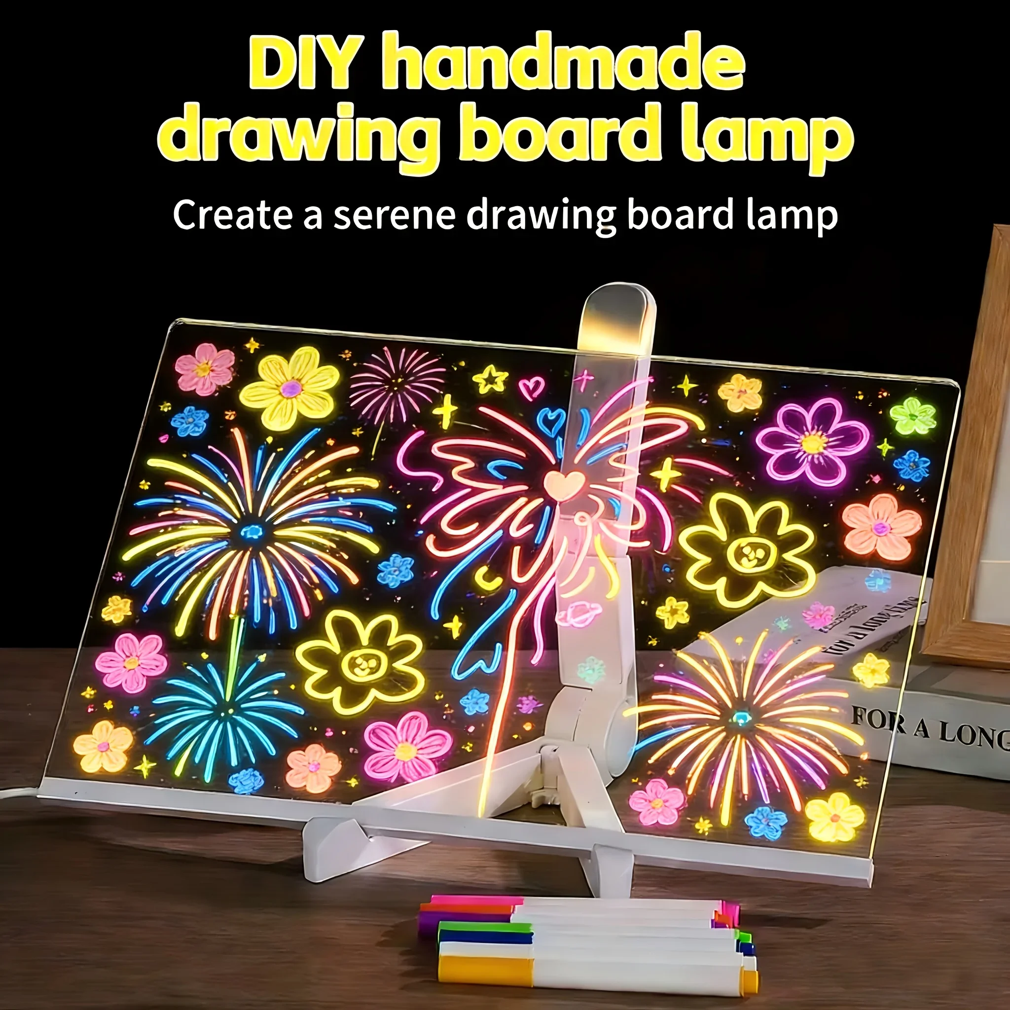 LED Drawing Board for Kids, Light Up Acrylic Note Pad with 7 Colors, Reusable Dry Erase Glow Art Writing Tablet, Stand