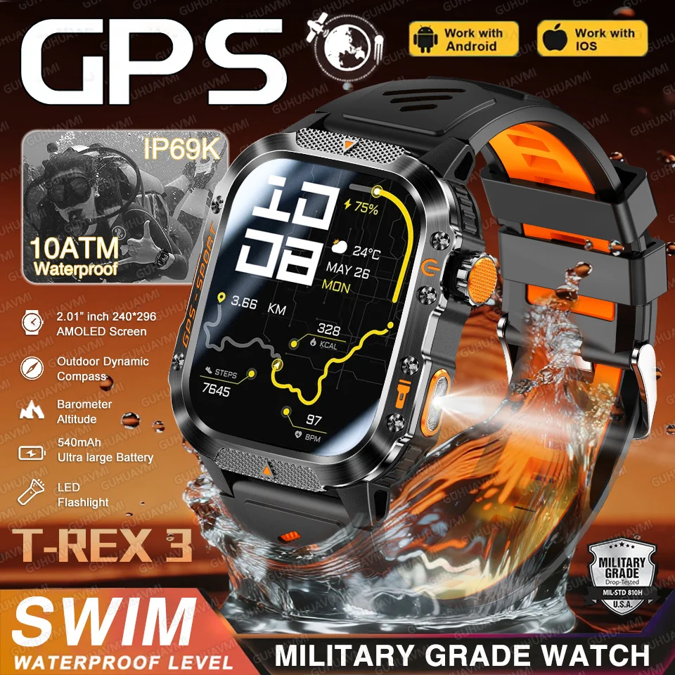 

2025 T-Rex 3 10 АТМ Водонепроницаемые Смарт-часы для плавания с GPS Мужские военные уличные 100+ Спортивный фонарик HD AMOLED Call Фитнес Смарт-часы
