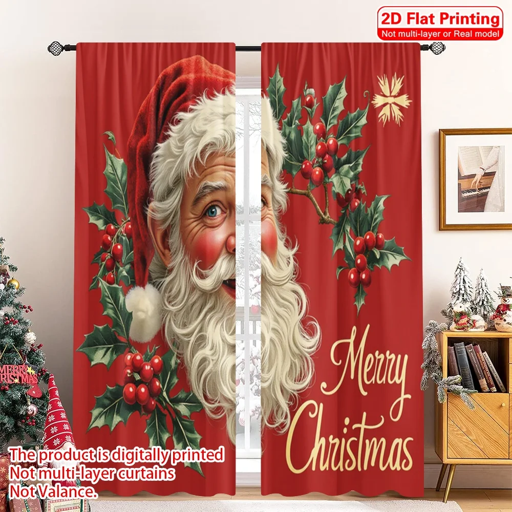 

2pcs 2D flat printing Merry Christmas Curtains Merry Christmas Santa Claus_c Polyester Without Electricity Spring for Entryway