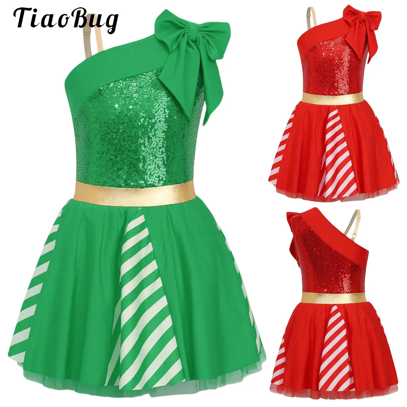 Girls Candy Cane Striped Sequins Ballet Tutu Dance Dress Christmas Big Bowknot Sleeveless Leotard New Year Party Dancewear