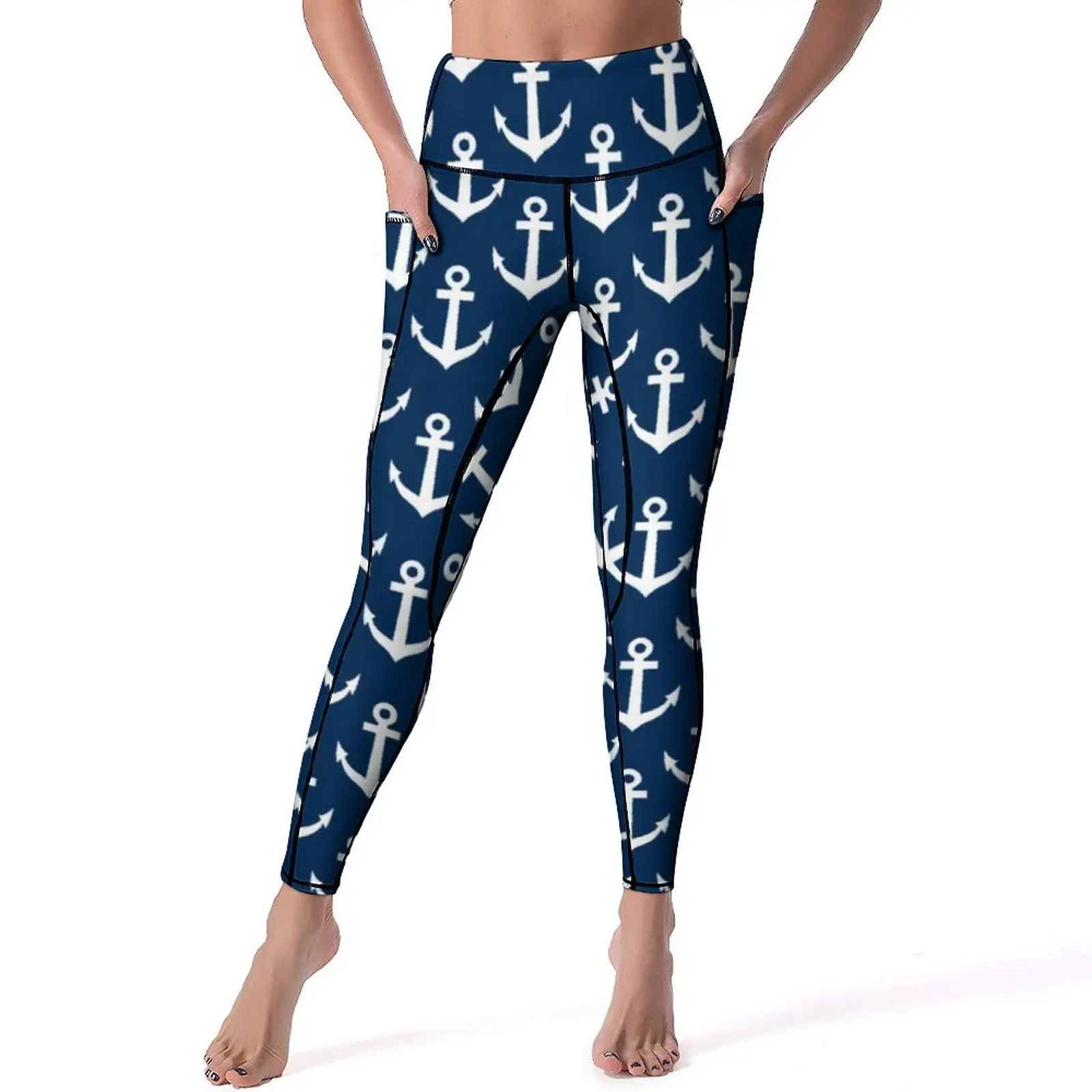 Navy Blue Nautical Leggings Sexy Ship Anchor Pattern Push Up Yoga Pants Novelty Elastic Leggins Women Graphic Gym Sport Legging