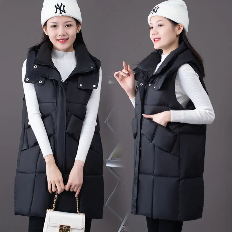 

Down Vest Women mid length winter fashion hooded down cotton Waistcoat loose thick warm sleeveless jacket ladies Outwear R051