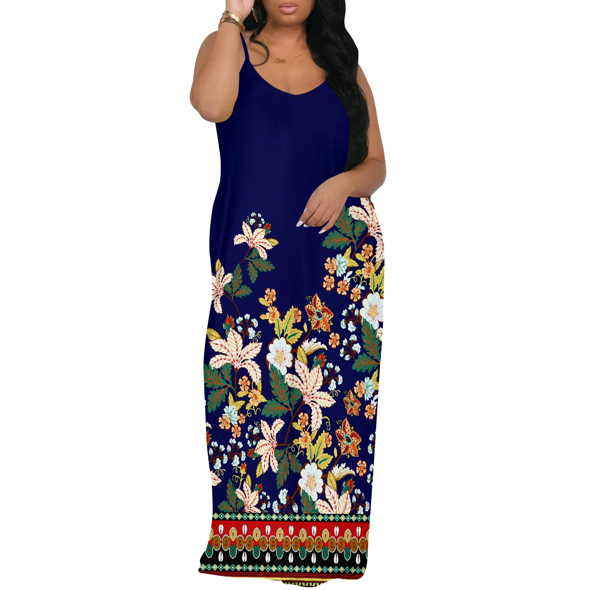 Vestido maxi feminino Nupusa sem mangas com estampa floral elegante preto boho férias vestido longo com detalhes de borda