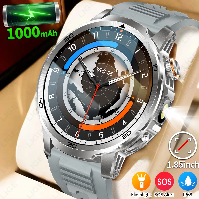

LIGE Military Grade 1000mAh Battery Smart Watch Men Flashlight SOS Red Light Sports Watches Waterproof Bluetooth Call Smartwatch