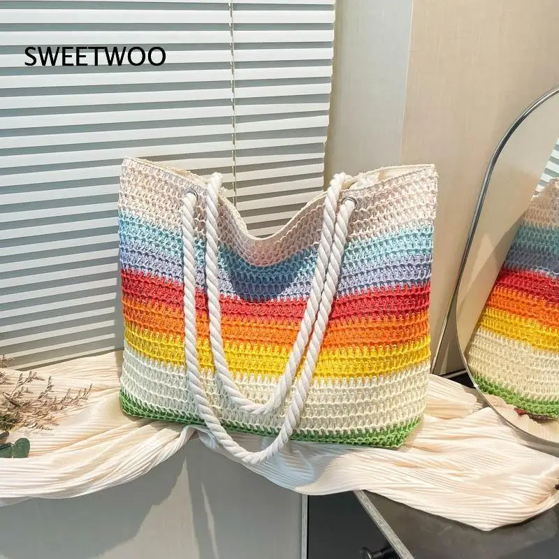 Rainbow Striped Crochet Straw Tote Bag with Thick Rope Handles for Summer Beach and Casual Use 2026
