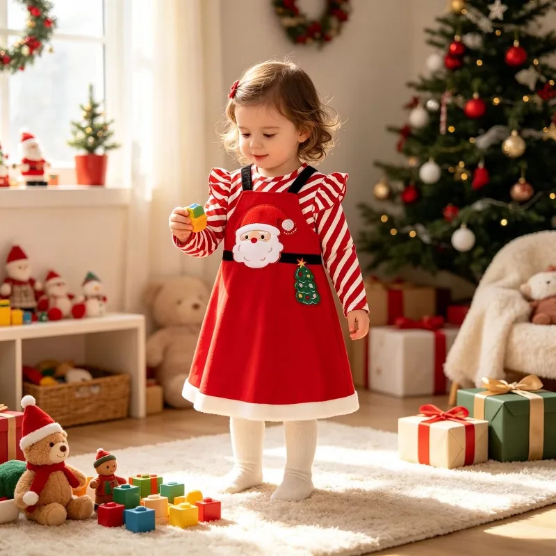 2Pcs Christmas Toddler Girls Set Striped Top Santa Embroidery Suspender Dress Kids Holiday Festival Casual Outfit for Toddler